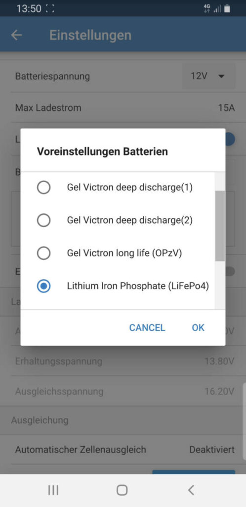 Batterietyp bei Victron SmartSolar in der Connect app auswählen