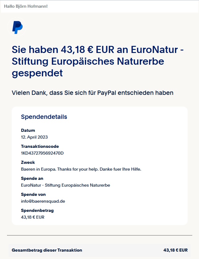 Spende an die Stiftung Euro Natur für die Braunbären